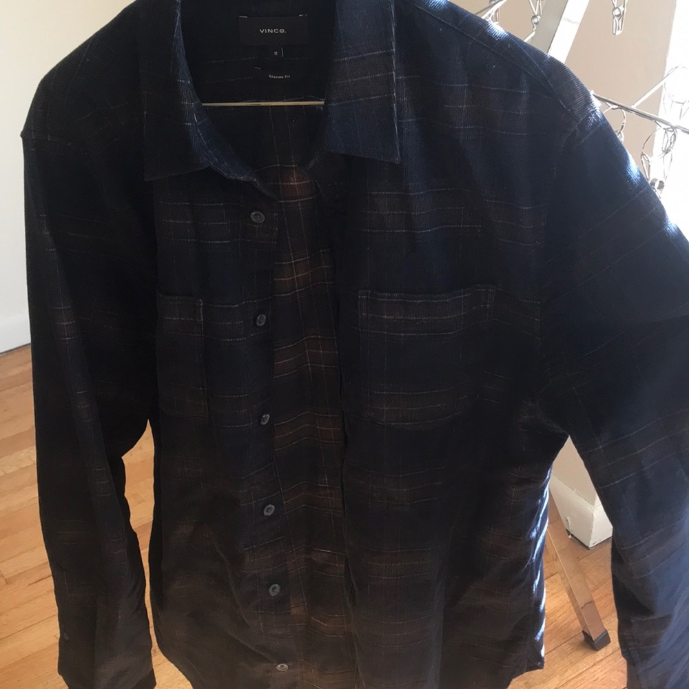 Vince men’s 100% cotton dark brown to fade light brown plaid button-down, medium
